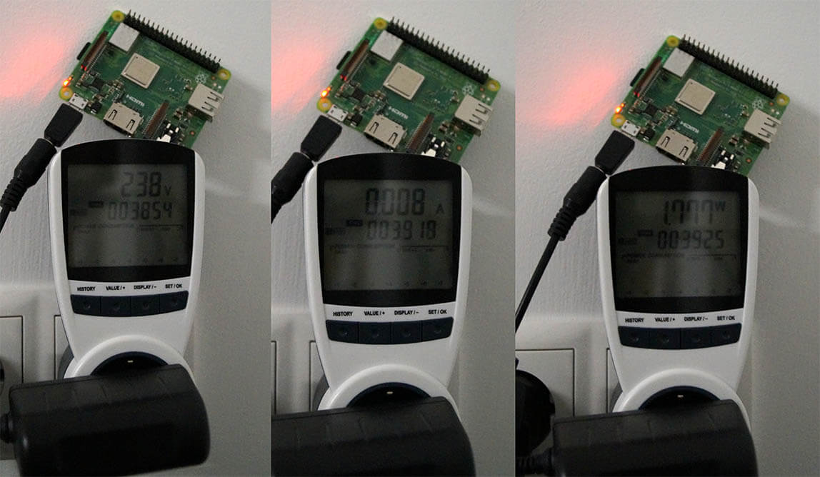 Raspberry Pi 3 Modell A+ Stromverbrauch Messwerte